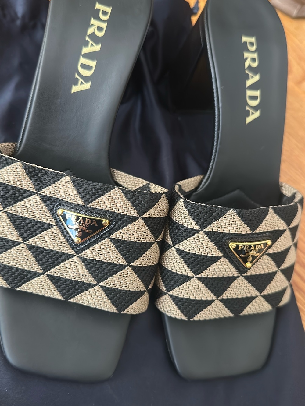 PRADA Black and Tan Geometric Slide Sandals with Logo Plaque